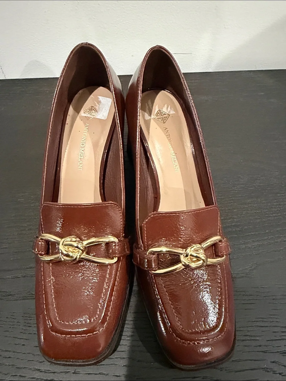 Antonio Melani Women's Brown Patent Leather Block Heel Loafers with Gold Accent